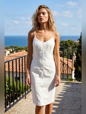 Amanda Uprichard NWT Rocco White Denim Fitted Spaghetti Strap Midi Dress.